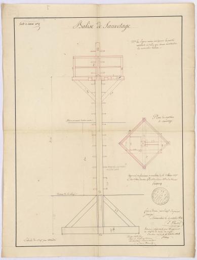 Dessin d'une balise de sauvetage, pièce nº 7 : élévation, plan du système de sauvetage / Signé par : Louis Plantier, ingénieur ; Richer, ingénieur.